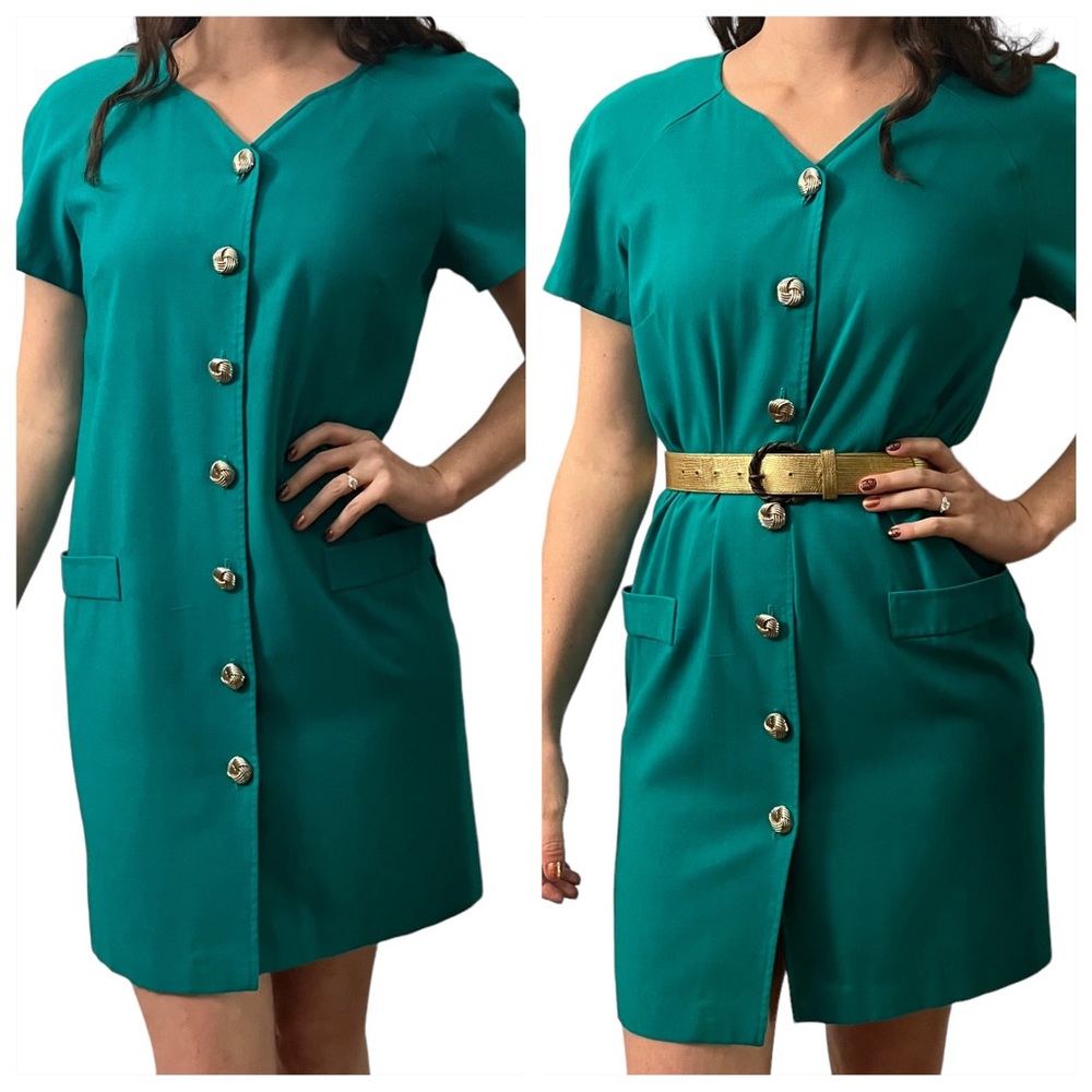 Vintage Teal Button Down Shirt Dress with Short Sleeves, Lightweight, Large / 10